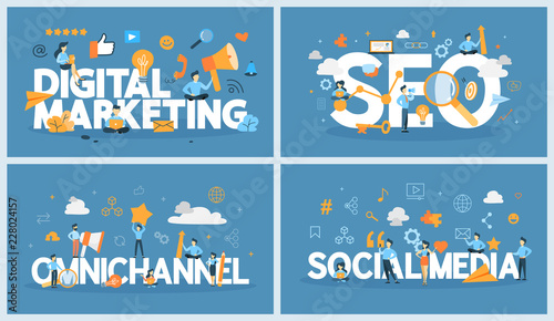 Digital marketing concept set. Social network communication