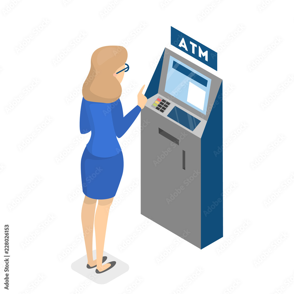 Woman using ATM machine and gets money Woman using ATM machine and gets money