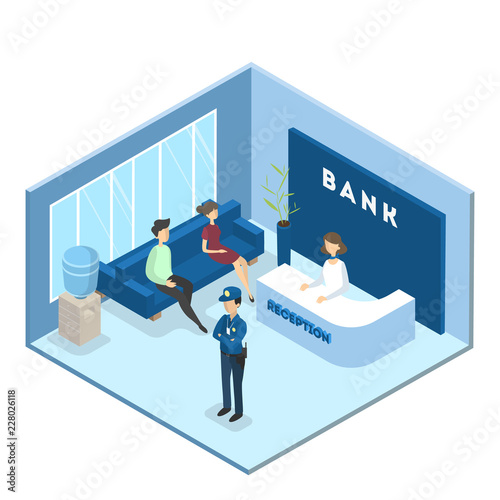 Bank reception interior. People waiting in queue