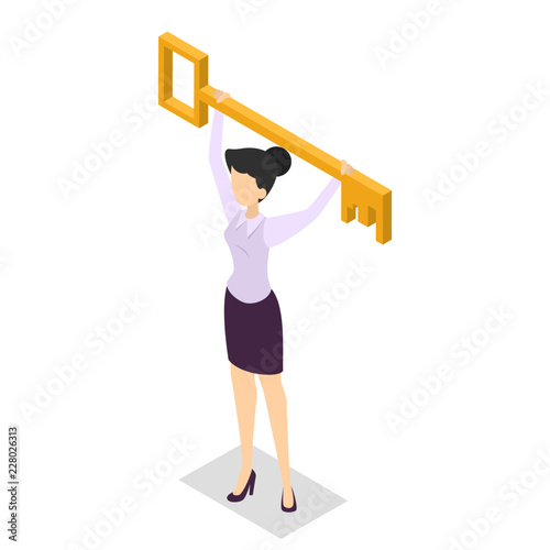 Happy business woman holding big key in arms