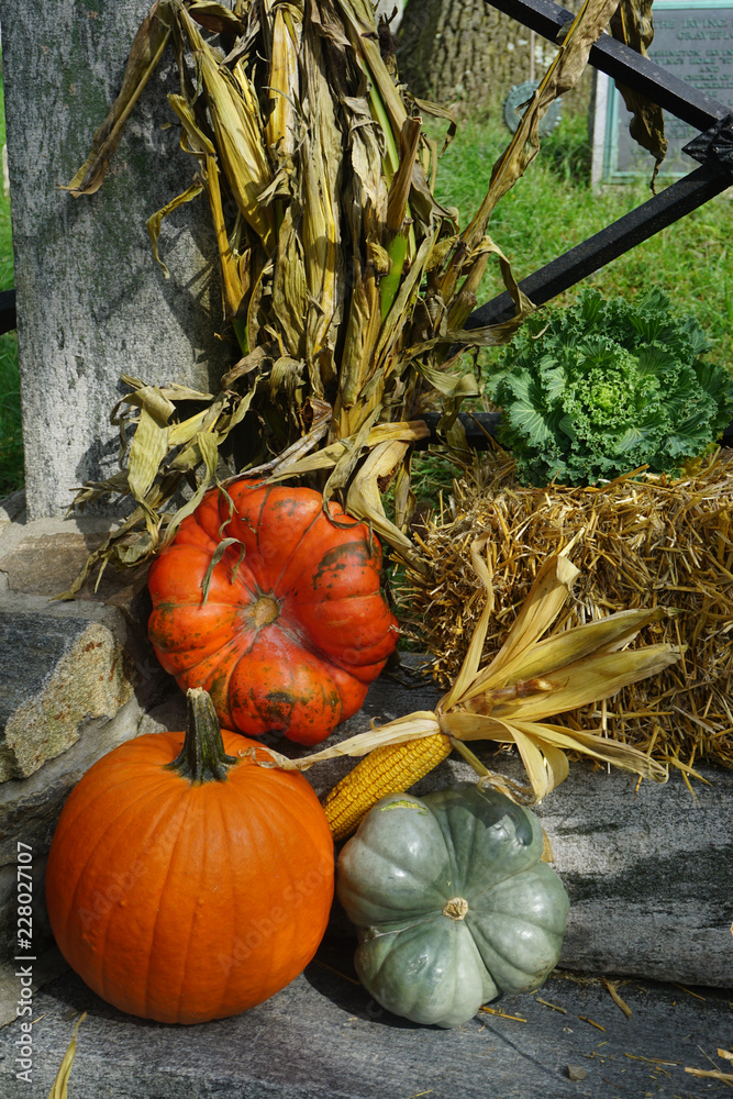 Sleepy Hollow, New York, USA Halloween decorations on the stone steps