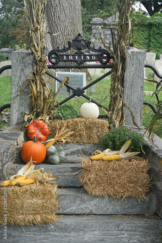 Sleepy Hollow, New York, USA Halloween decorations on the stone steps