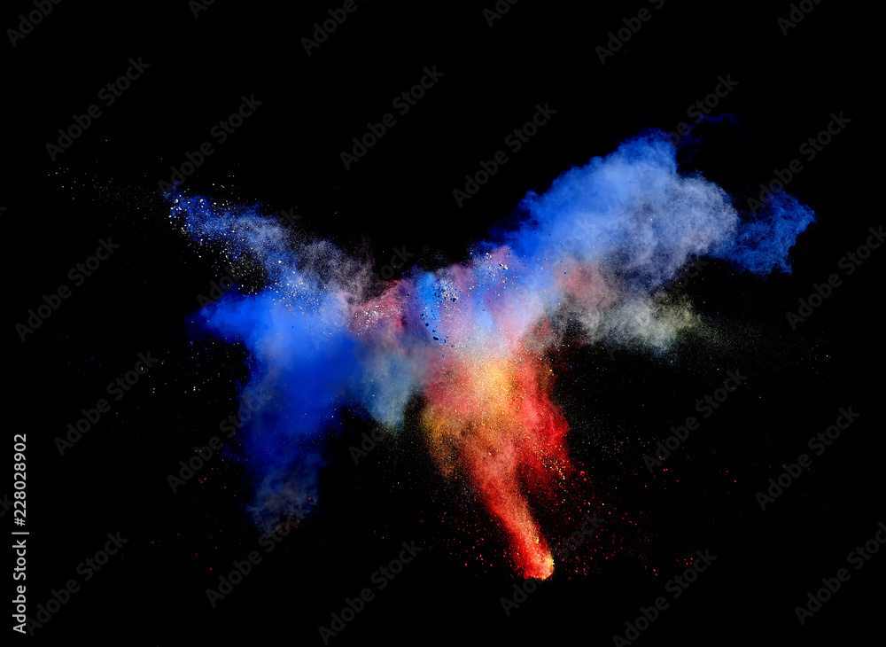 Bizarre forms of powder paint and flour combined together explode in front of a black background to give off fantastic multi colored cloud forms. Bizarre forms of powder paint and flour combined together explode in front of a black background to give off fantastic multi colored cloud forms.