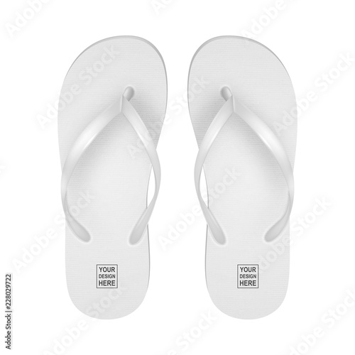 Vector Realistic 3d White Blank Empty Flip Flop Set Closeup Isolated on White Background. Design Template of Summer Beach Holiday Flip Flops Pair For Advertise, Logo Print, Mockup. Front View