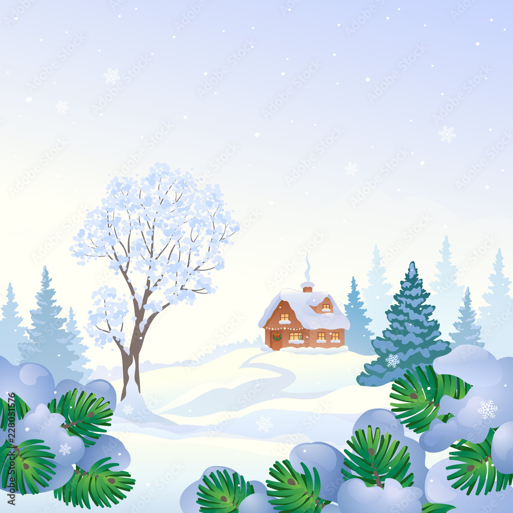 Fototapeta premium Snowy landscape small house and snow covered trees