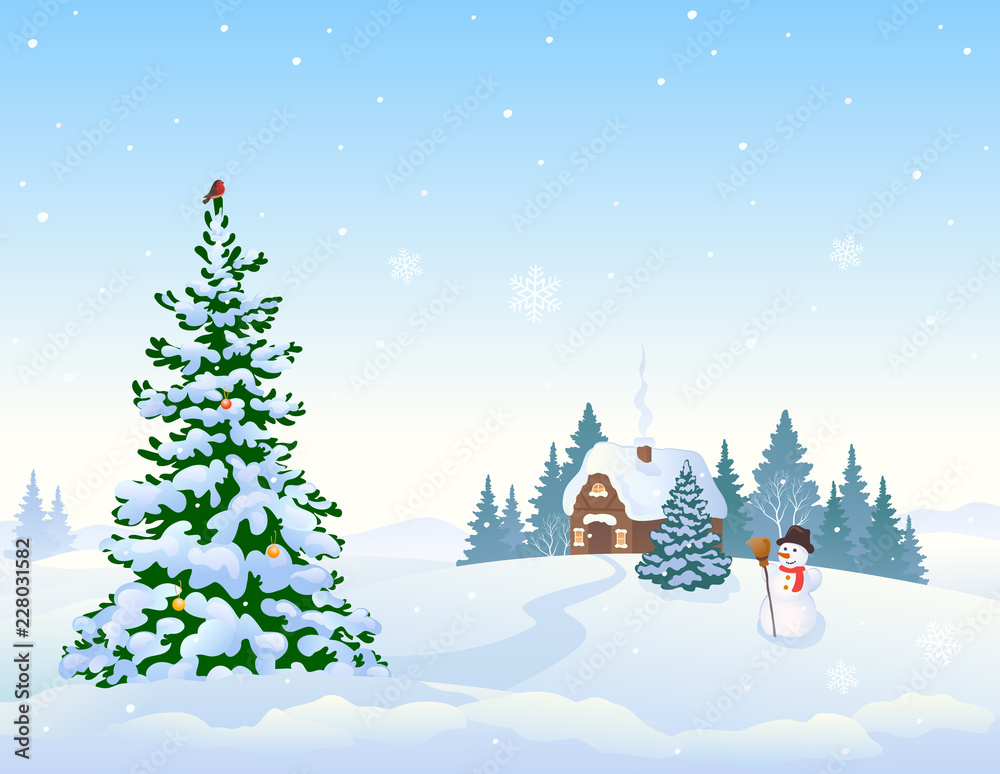Winter landscape background and Christmas tree