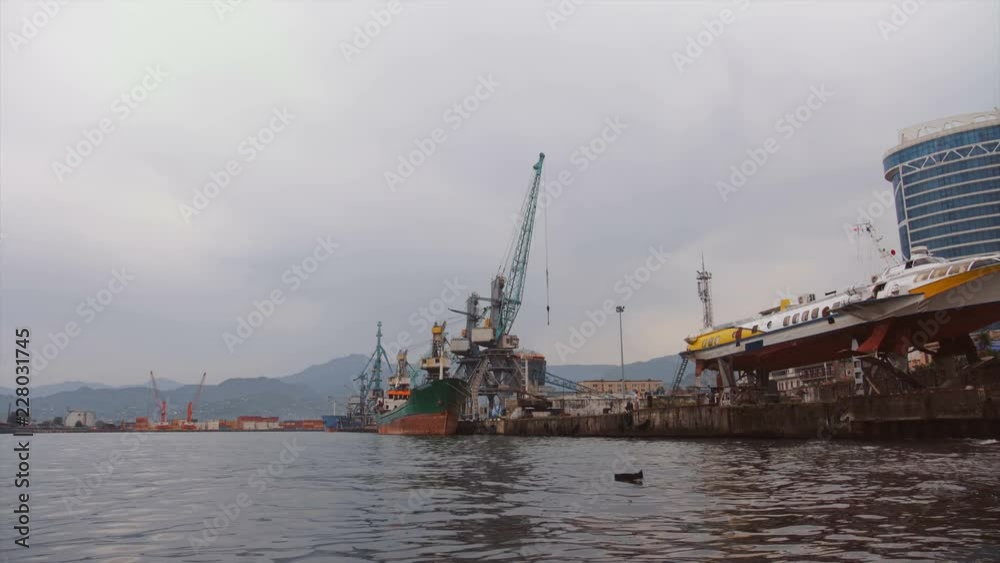 Large cargo ships are on unloading at the seaport. High lift cranes for cargo and containers delivered by sea Large cargo ships are on unloading at the seaport. High lift cranes for cargo and containers delivered by sea