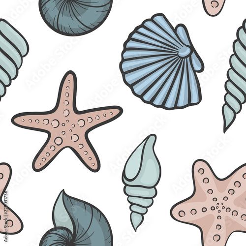 Seashell seamless pattern. design for holiday greeting card and invitation of seasonal summer holidays, summer beach parties, tourism and travel.
