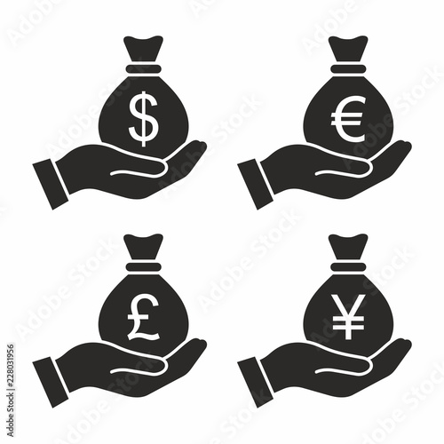 Money bag in hand. Vector icon set.