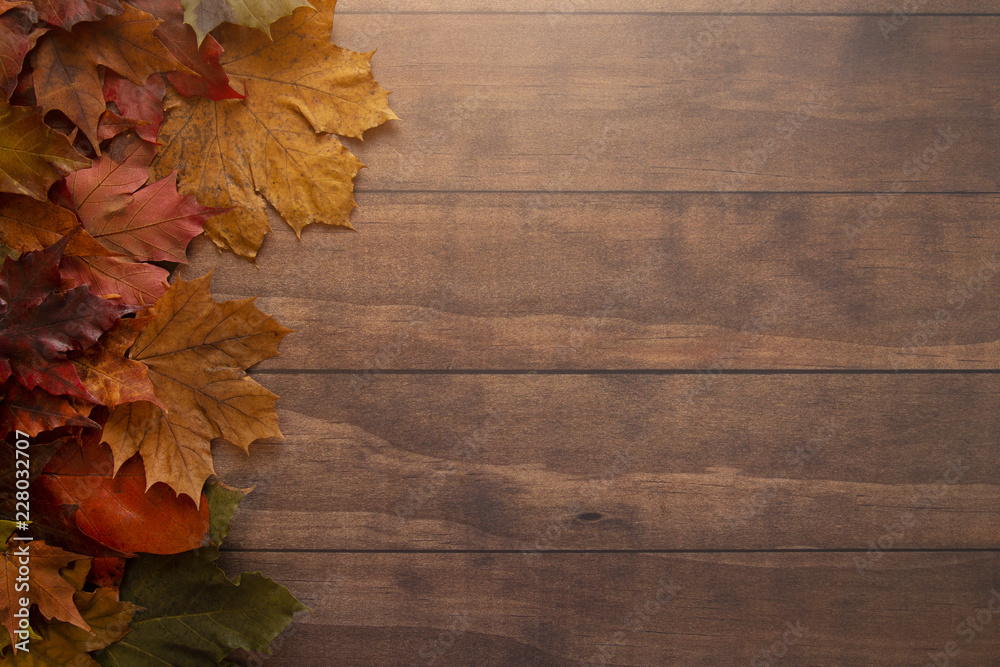 Fall Themed Background on a Wooden Surface Fall Themed Background on a Wooden Surface