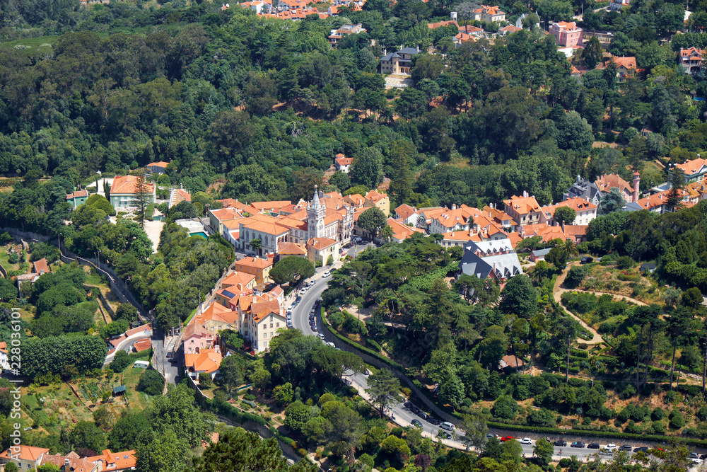 The Palace of Sintra as seen from the Moorish castle on the top of the hill. Sintra. Portugal