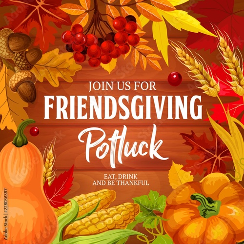 Friendsgiving potluck dinner holiday, vector