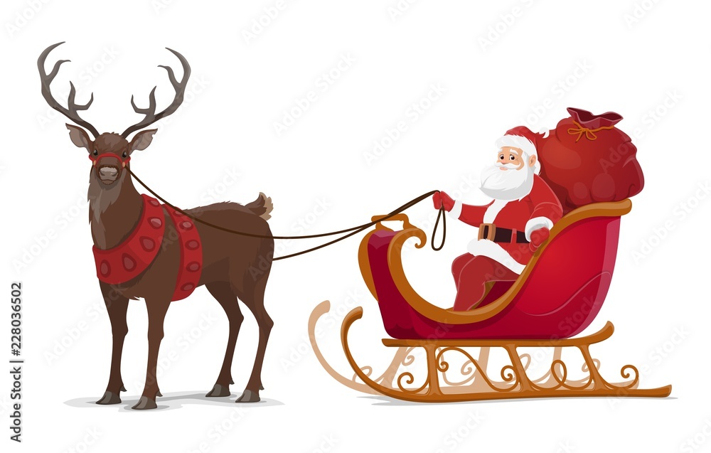 Christmas Santa sleigh with reindeer - obrazy, fototapety, plakaty 