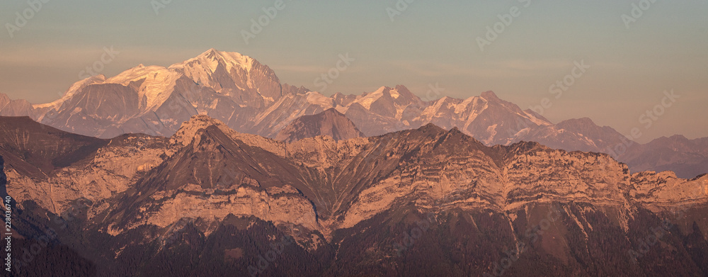 Sunset over the Mont Blanc mountain range in France. This is the highest peak in Europe. 