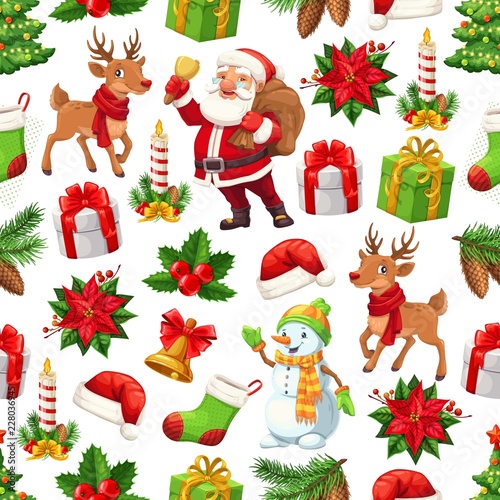 Christmas Santa, gift and snowman seamless pattern
