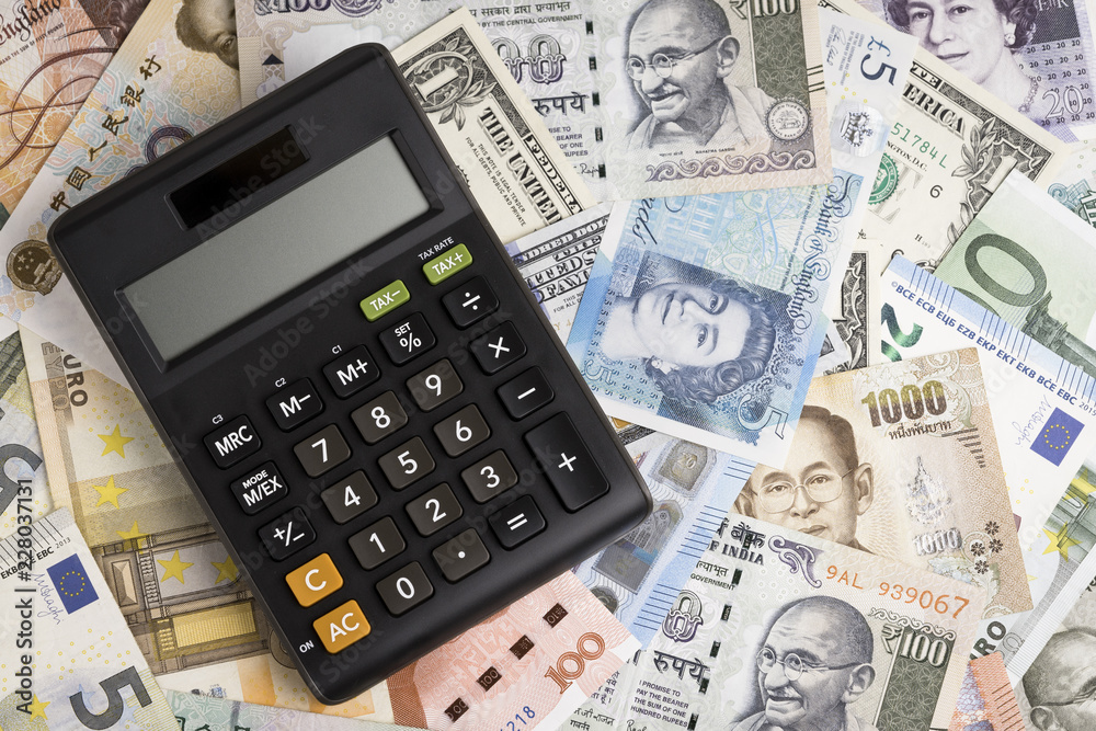 Calculator on international banknotes from world major countries using as  Forex or financial economy background, US dollar, UK pound, Euro, Japanese  yen, Indian rupee, Chinese yuan, Thai Baht Stock Photo | Adobe