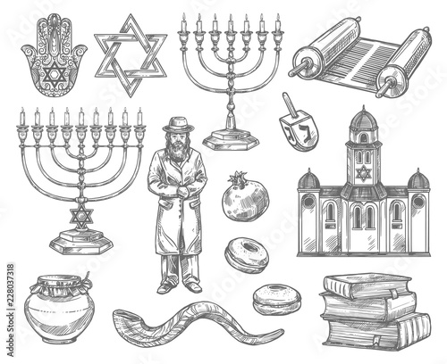 Judaism religion symbols, jewish objects photo