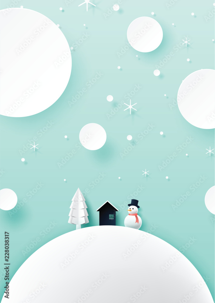 Naklejka premium Winter season landscape with cottage,pine tree and snowman for merry christmas and happy new year background paper art style.Vector illustration.