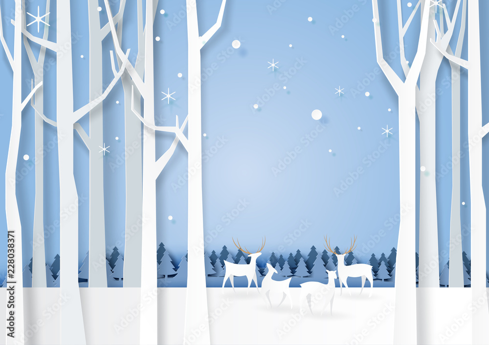 Naklejka premium Winter season forest silhouette and deers wildlife background paper art style for merry christmas and happy new year.Vector illustration.