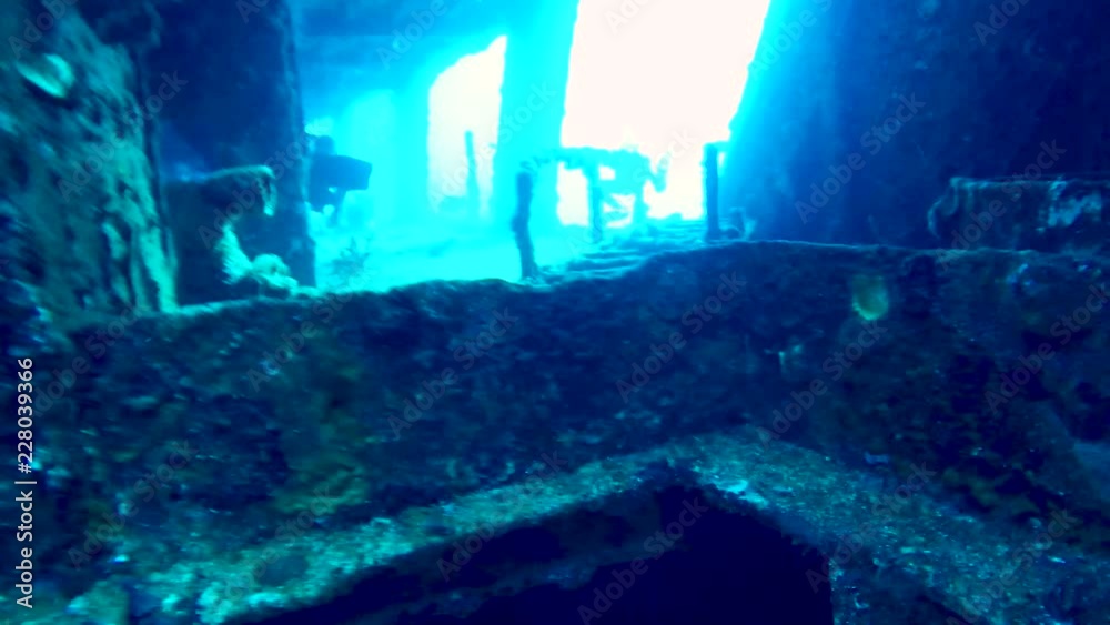 A view down a corridor of the C-58 shipwreck in the waters off of Cancun. A view down a corridor of the C-58 shipwreck in the waters off of Cancun.