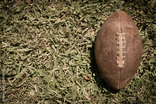 Old, Well-Used Leather Football in Grass, Room for Text