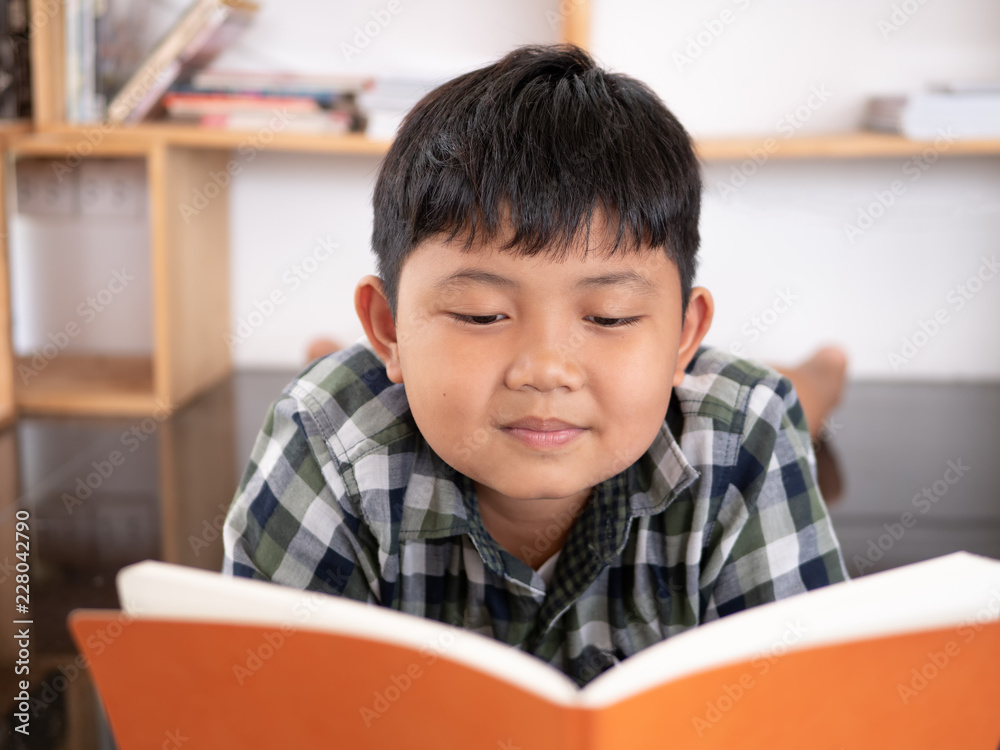 Cute asian children reading a book while lying on a floor in the room. education concept Cute asian children reading a book while lying on a floor in the room. education concept