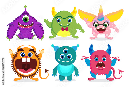 Cute monster vector characters elements set with funny faces and beast creature looks isolated in white. Vector illustration. 