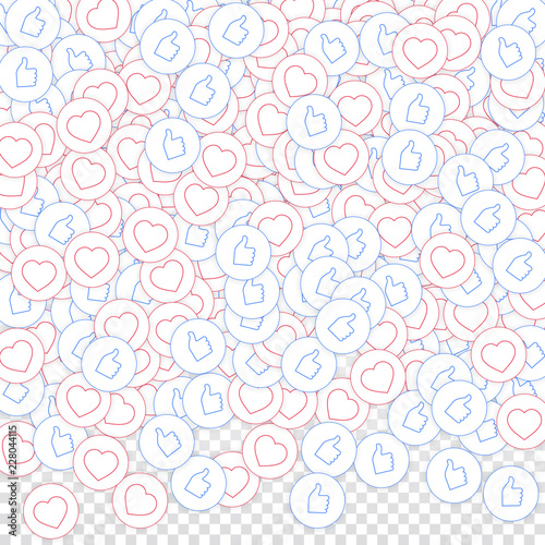 Social media icons. Social media marketing concept. Falling scattered thumbs up hearts. Top gradient