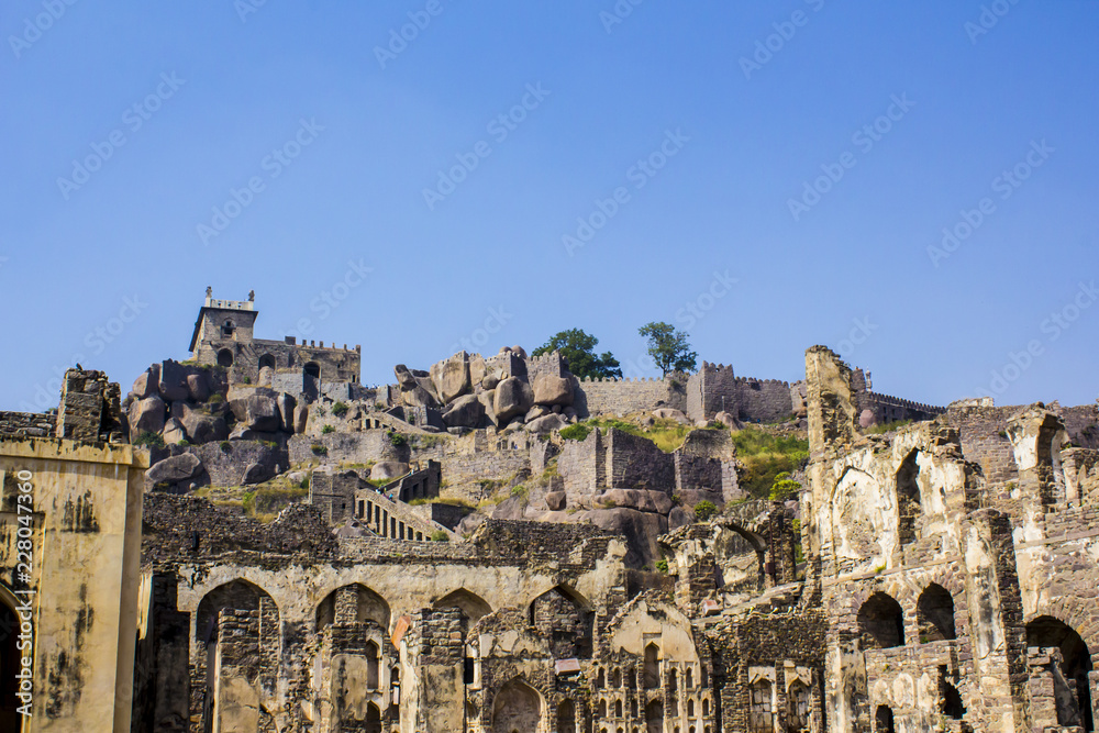 Looking up at the Dozens of Mughal Arches and Stairways Leading up to the Top of Golconda Fort in Hyderabad, India