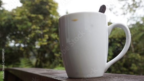 cup of coffee on wooden table in garden