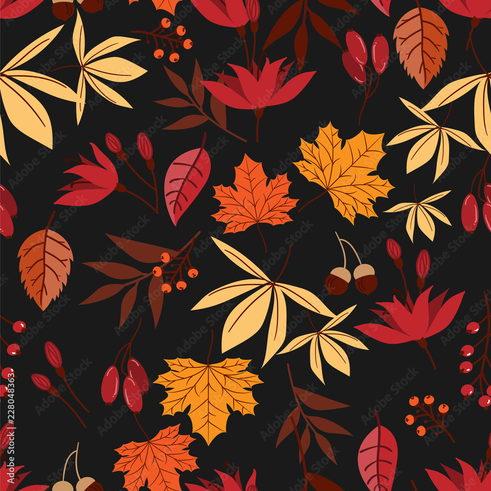 Seamless pattern of autumn leaves with floral, berries, acorn and flower on black background. Vector illustration.