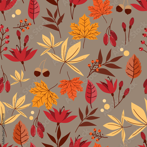 Vector floral seamless pattern with autumn leaves, berries, acorn and flower.