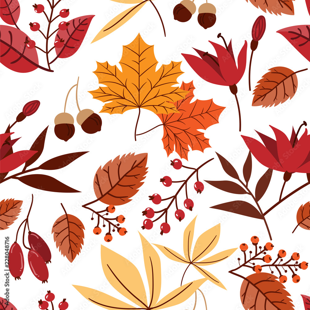 Seamless pattern of autumn leaves with berry branches, Acorn nuts and flowers on white background. Vector illustration. Seamless pattern of autumn leaves with berry branches, Acorn nuts and flowers on white background. Vector illustration.