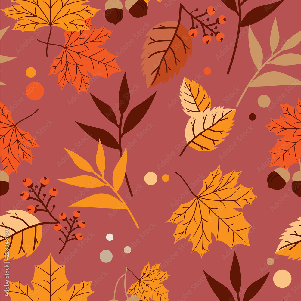 Vector floral seamless pattern with autumn leaves, berries and acorn.
