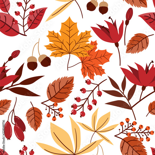 Vector floral seamless pattern with autumn leaves  berries  acorn and flower.