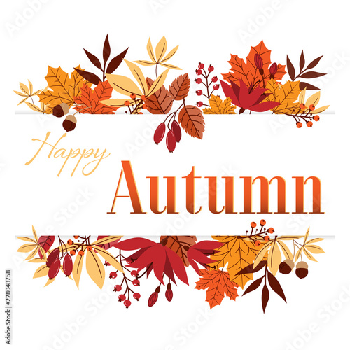 Autumn background with Happy Autumn text on autumn leaves frame.