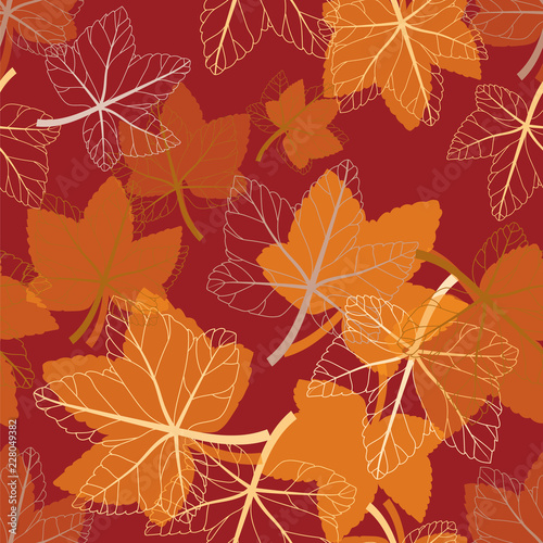 Seamless pattern with falling maple leaves on red background. Vector illustration.