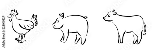 鶏・豚・牛　筆ペン描き