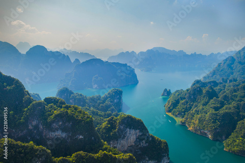 A view of Khao Sok National park Cheow Lan Dam from drone