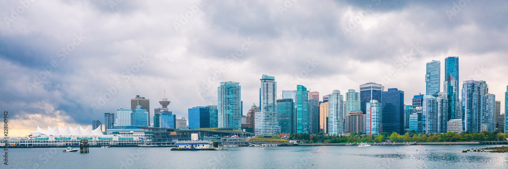 Vancouver city skyline panoramic banner landscape in Autumn - British Columbia, Canada. Urban background.