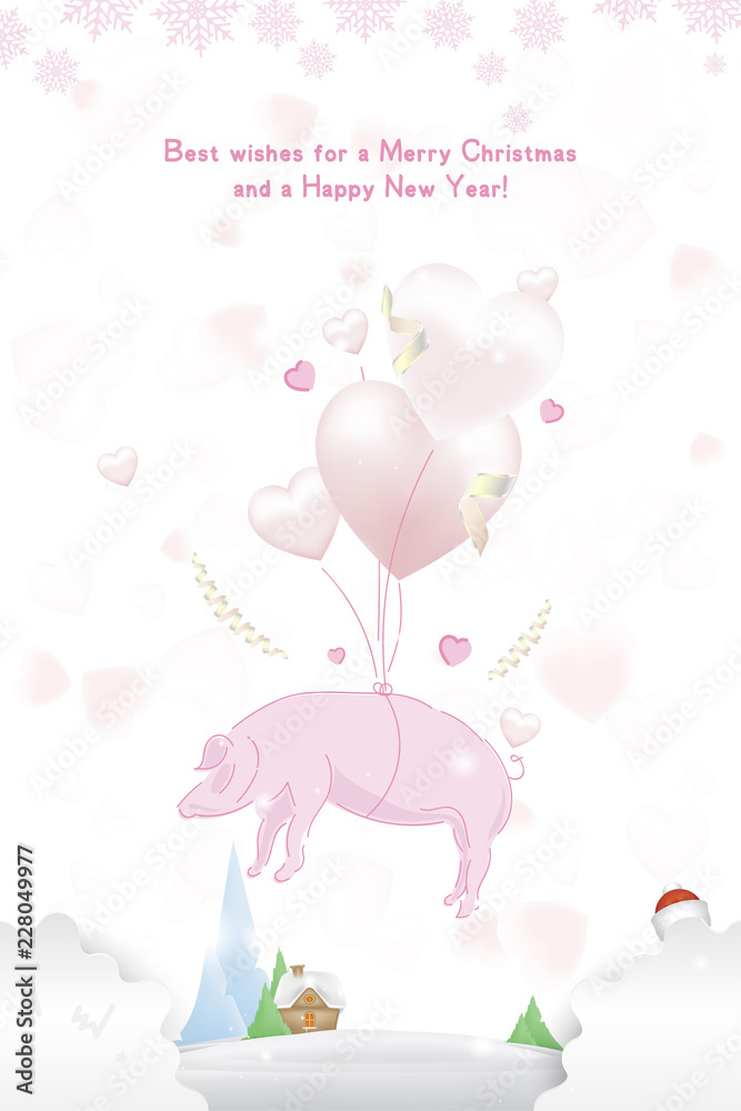 Happy new year 2019 Postcard with pink pig zodiac sign and with balloons in the form of hearts on background with ribbons. Flat vector illustration EPS10 Happy new year 2019 Postcard with pink pig zodiac sign and with balloons in the form of hearts on background with ribbons. Flat vector illustration EPS10