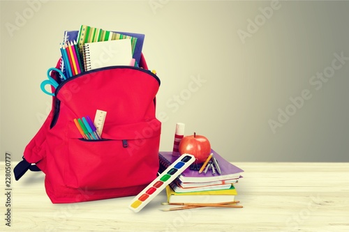 Red School Backpack with colorful stationary