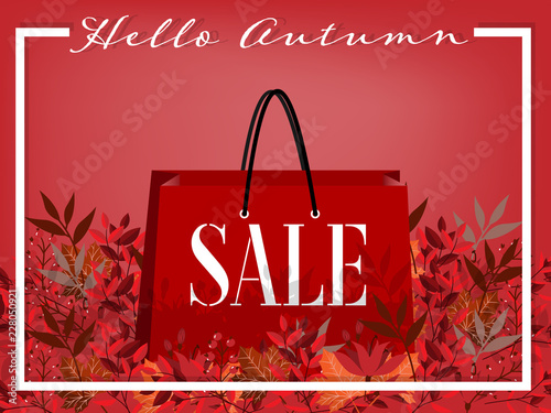 Shopping bags with Hello Autumn Sale text and fall leaves. Special autumn sale banner.