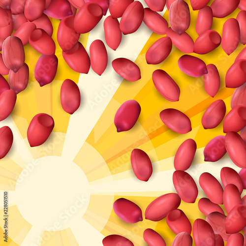 Arachis or peanuts background with red scattered nuts and beans