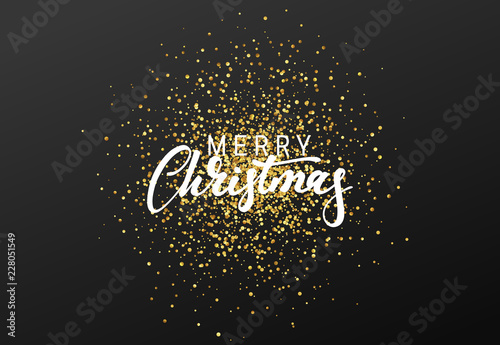 Merry Christmas calligraphy text. Background with golden glitter texture.