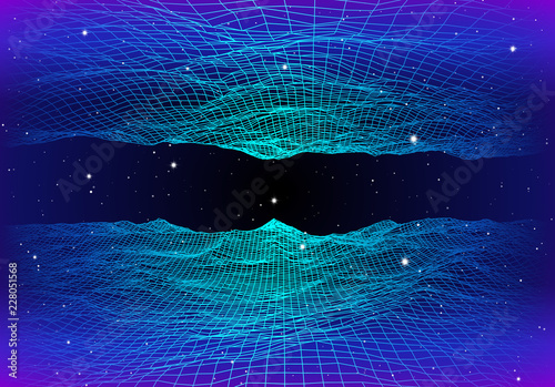 Retro neon background with 80s styled laser grid and stars