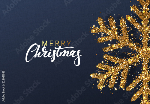 Christmas background with Shining gold Snowflakes. Lettering Merry Christmas card vector Illustration.