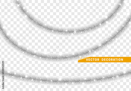 Christmas traditional decorations silver tinsel. Xmas ribbon garland isolated realistic decor element