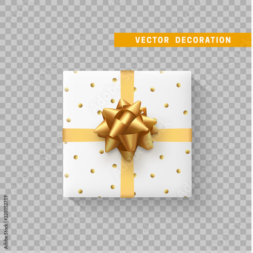 Gift box with bow and ribbon isolated on transparent background. Flat top view.