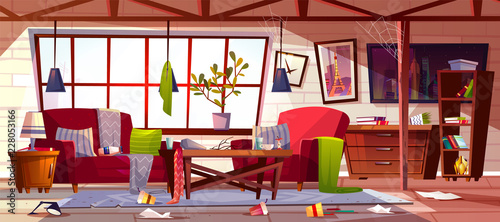 Messy living room with dirty dishes on table, spider web on ceiling and clothes scattered on stained carpet cartoon vector illustration. Household chaos, home cleaning time or bad tenant concept